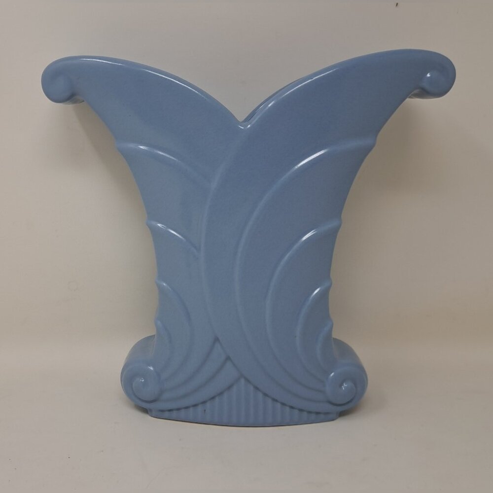 Vintage Abingdon Pottery USA Blue Art Deco Flared Leaf Scrolled Vase 9" #513